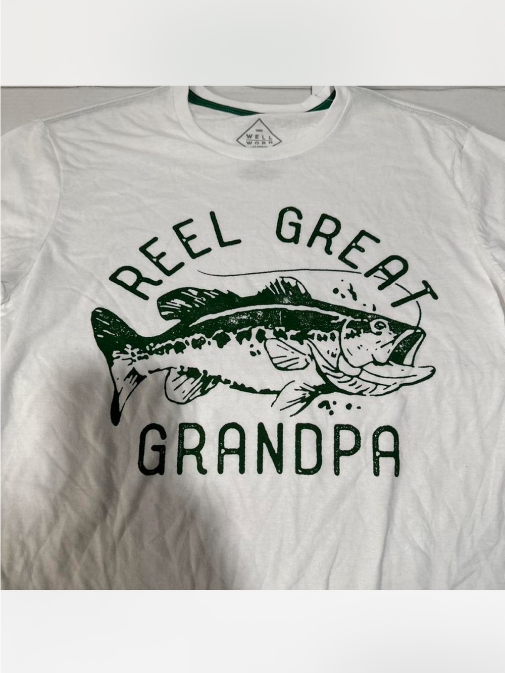 Well Worn White Tee with Green Fishing Graphic - 'Reel Great Grandpa'